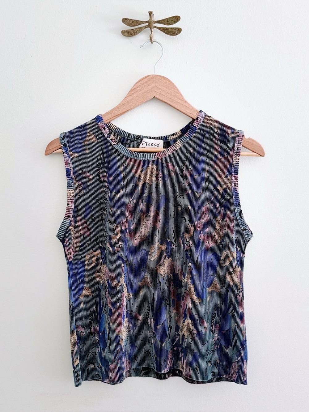 Plissé Vintage Floral Muted Ribbed Accordion Pleat Sleeveless Top Medium - Picture 1 of 4
